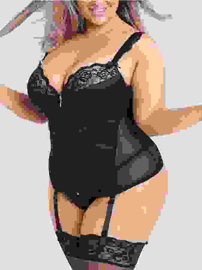 Lovehoney Plus Size Treasure Me Black Basque Set, Black, hi-res